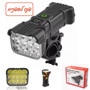 פנס לאופניים 12 לדים נטען + צג דיגיטלי לאחוזי סוללה